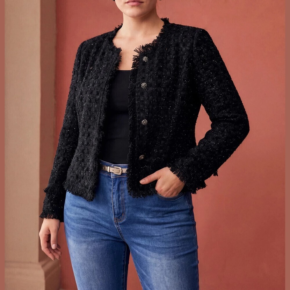 Black Frayed Edge Tweed Crop Jacket with Jeweled Buttons